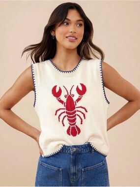 Cream Sleeveless Knit Tank with Red Lobster Motif